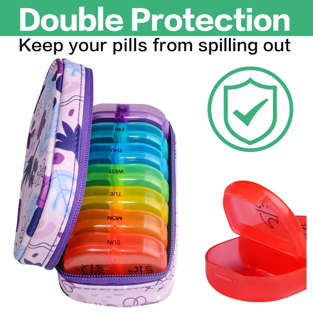 Alt view image 5 of 6 - Weekly Travel Pill Organizer 2 Times a Day AM PM Rainbow Pill Box | Medicine Organizer with Portable Zipper PU Leather Pill Case,Pill Organizer 7 Day for Vitamins, Supplements