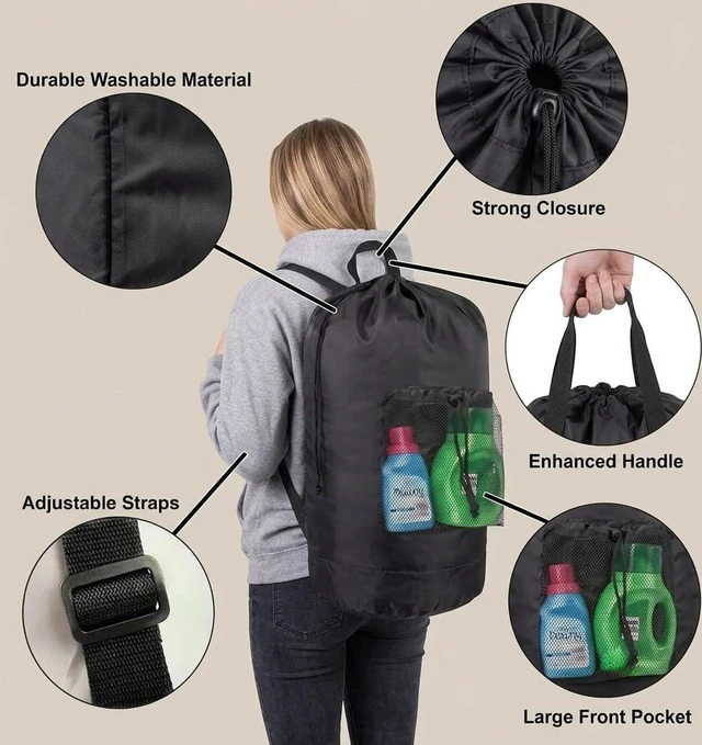 Alt view image 2 of 7 - Laundry Bag Backpack for College Dorm, 115L Washable Laundry Hamper Bag, 32 x 14 Inch with Shoulder Straps, Mesh Pocket, Drawstring Closure for Apartment, Laundromat, Travel (Black)