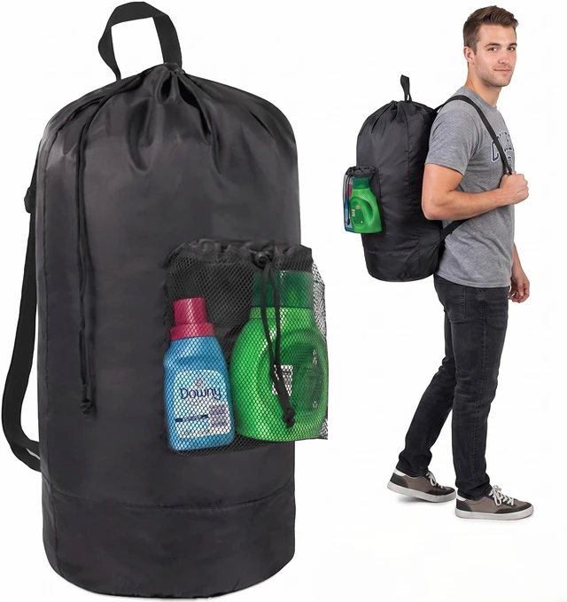 Main image of Laundry Bag Backpack for College Dorm, 115L Washable Laundry Hamper Bag, 32 x 14 Inch with Shoulder Straps, Mesh Pocket, Drawstring Closure for Apartment, Laundromat, Travel (Black)
