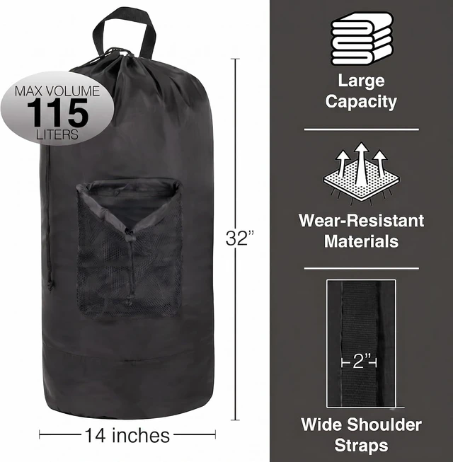 Alt view image 3 of 7 - Laundry Bag Backpack for College Dorm, 115L Washable Laundry Hamper Bag, 32 x 14 Inch with Shoulder Straps, Mesh Pocket, Drawstring Closure for Apartment, Laundromat, Travel (Black)