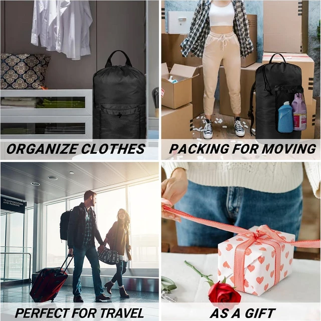Alt view image 5 of 7 - Laundry Bag Backpack for College Dorm, 115L Washable Laundry Hamper Bag, 32 x 14 Inch with Shoulder Straps, Mesh Pocket, Drawstring Closure for Apartment, Laundromat, Travel (Black)