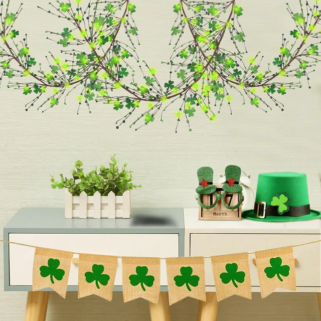 Alt view image 5 of 7 - St Patrick's Day Garlands with Wooden Shamrock Clover St Patrick's Day Decorations with Berries Artificial Green Irish Garlands for Home Irish Party Decoration