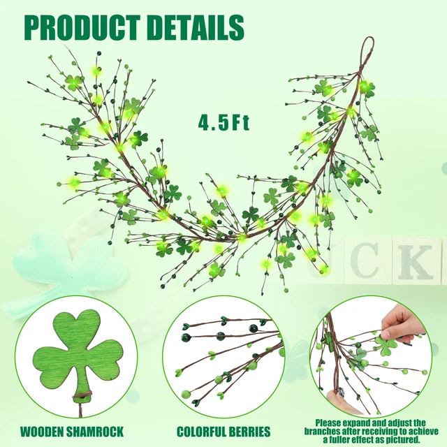 Alt view image 7 of 7 - St Patrick's Day Garlands with Wooden Shamrock Clover St Patrick's Day Decorations with Berries Artificial Green Irish Garlands for Home Irish Party Decoration