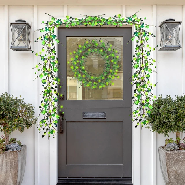 Alt view image 3 of 7 - St Patrick's Day Garlands with Wooden Shamrock Clover St Patrick's Day Decorations with Berries Artificial Green Irish Garlands for Home Irish Party Decoration