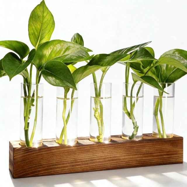 Main image of Plant Propagation Station, Plant Terrarium with Wooden Stand | Plants Pots for Hydroponics, Small Birthday Gardening Gifts for Women Mom Plants Lovers Unique - 5 Glass Test Tubes Vases