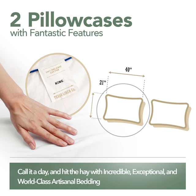 Alt view image 4 of 7 - 100% Organic Cotton Pillow Cases King Size Set of 2 - White Organic Cotton Percale Weave Pillowcases King Size, Soft, Cooling, Crisp & Breathable Percale Pillow Covers for Sleeping