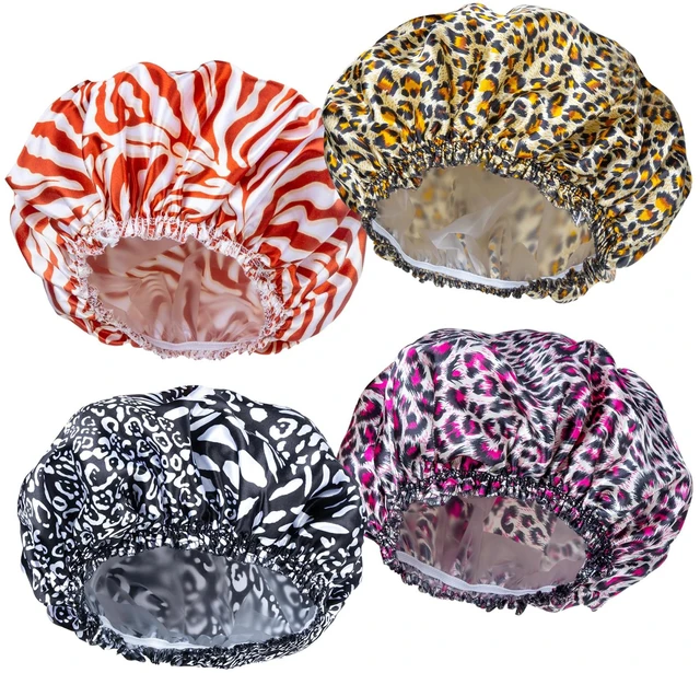 Main image of Shower Caps for Women, 4 PCS Reusable Waterproof Bath Cap | Double Layer, Washable, Wide Elastic Band, Holds Long Hair, Caps for Bath Accessories, Spa, Travel Home - Printed Color