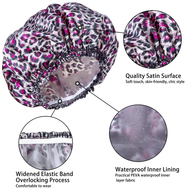 Alt view image 2 of 7 - Shower Caps for Women, 4 PCS Reusable Waterproof Bath Cap | Double Layer, Washable, Wide Elastic Band, Holds Long Hair, Caps for Bath Accessories, Spa, Travel Home - Printed Color