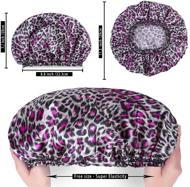 Alt view image 3 of 7 - Shower Caps for Women, 4 PCS Reusable Waterproof Bath Cap | Double Layer, Washable, Wide Elastic Band, Holds Long Hair, Caps for Bath Accessories, Spa, Travel Home - Printed Color