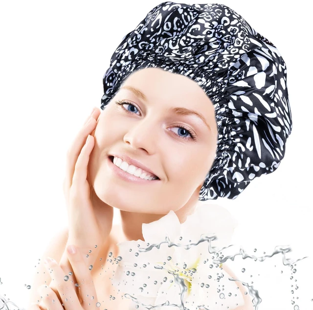 Alt view image 5 of 7 - Shower Caps for Women, 4 PCS Reusable Waterproof Bath Cap | Double Layer, Washable, Wide Elastic Band, Holds Long Hair, Caps for Bath Accessories, Spa, Travel Home - Printed Color