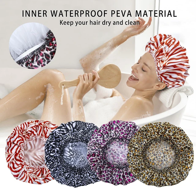 Alt view image 6 of 7 - Shower Caps for Women, 4 PCS Reusable Waterproof Bath Cap | Double Layer, Washable, Wide Elastic Band, Holds Long Hair, Caps for Bath Accessories, Spa, Travel Home - Printed Color