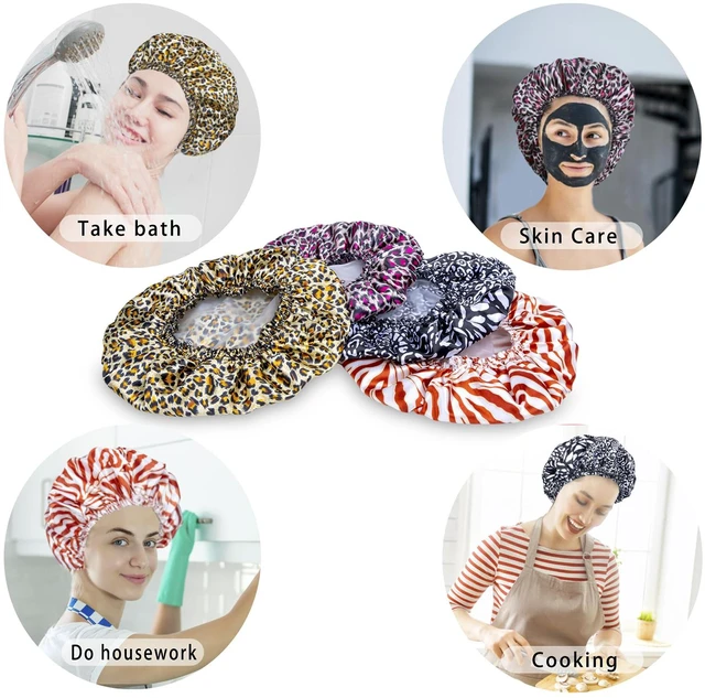 Alt view image 4 of 7 - Shower Caps for Women, 4 PCS Reusable Waterproof Bath Cap | Double Layer, Washable, Wide Elastic Band, Holds Long Hair, Caps for Bath Accessories, Spa, Travel Home - Printed Color