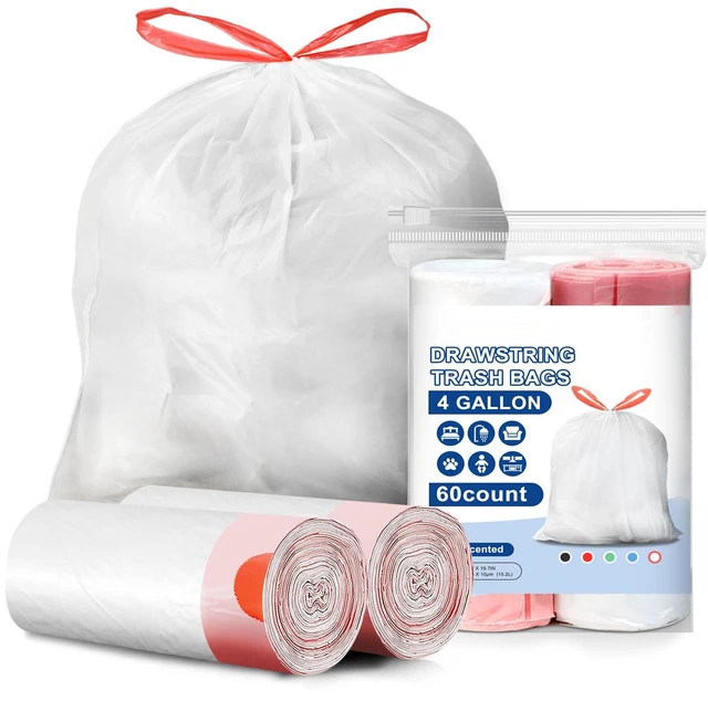 Main image of 4 Gallon Trash Bags Drawstring, 60 Count Small Garbage Bags | Tear-Free, Unscented, White, Small Trash Bags, For Bathroom Bedroom Office Kitchen