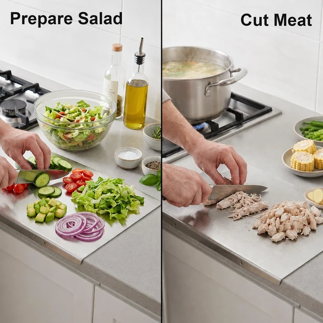 Alt view image 5 of 7 - Stainless Steel Cutting Board with Lip for Food Prep | Non Toxic Chopping Board, For Meat Fruits Vegetables Bread & Baking, Easy to Clean, Countertop Storage Organizer