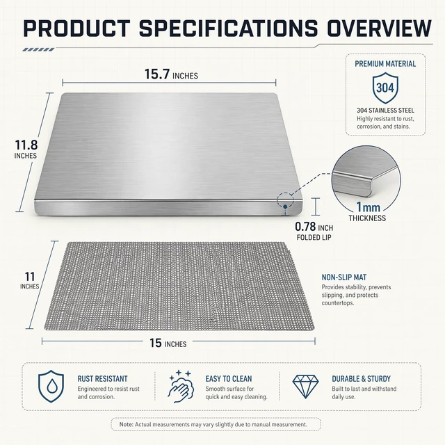 Alt view image 2 of 7 - Stainless Steel Cutting Board with Lip, 304 Food Grade, Non-Slip, Dishwasher Safe, Large Countertop Chopping Board for Kitchen, Meat, Vegetables, Baking, 11.8"x15.7"(30x40cm)