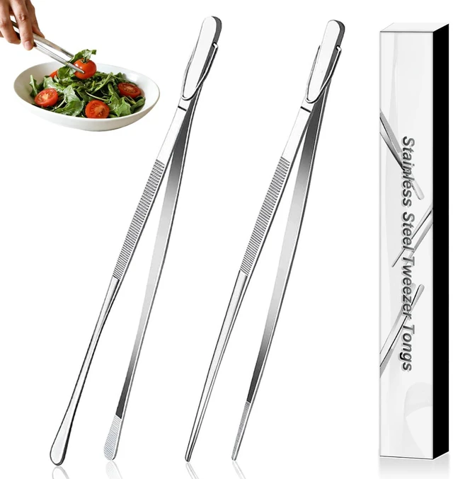 Main image of 2 Pcs 12-Inch Stainless Steel Kitchen Tweezers, Dual-Tip Serrated Tongs with Hook - Heat-Resistant Non-Slip Cooking Tweezers for BBQ, Grilling, Plating & Serving