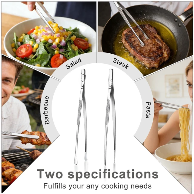 Alt view image 4 of 7 - 2 Pcs 12-Inch Stainless Steel Kitchen Tweezers, Dual-Tip Serrated Tongs with Hook - Heat-Resistant Non-Slip Cooking Tweezers for BBQ, Grilling, Plating & Serving