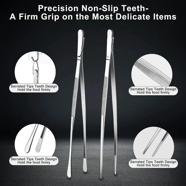 Alt view image 3 of 7 - 2 Pcs 12-Inch Stainless Steel Kitchen Tweezers, Dual-Tip Serrated Tongs with Hook - Heat-Resistant Non-Slip Cooking Tweezers for BBQ, Grilling, Plating & Serving