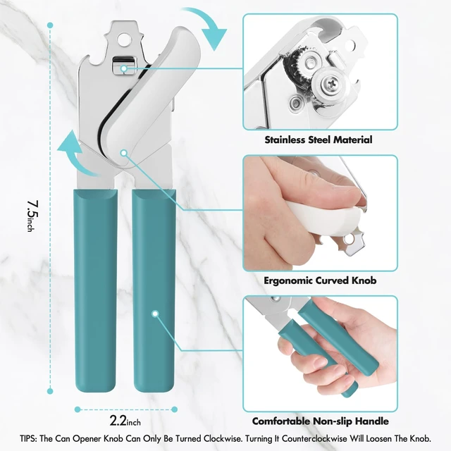 Alt view image 2 of 7 - Can Opener Manual, Can Openers Hand Held with Comfort Anti-Slip Handles, Heavy Duty Stainless Steel Can Opener Smooth Edge and Bottle Openers, Easy Turn Can Openers for Seniors, Kitchen, Green