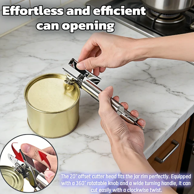 Alt view image 2 of 7 - Stainless Steel Manual Can Opener, 3-in-1 Multifunctional, High-Carbon Steel Cutting Wheel, Ergonomic Handle, 7.28 Inch, for Food Cans and Bottles