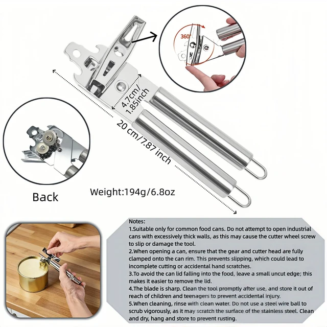 Alt view image 3 of 7 - Stainless Steel Manual Can Opener, 3-in-1 Multifunctional, High-Carbon Steel Cutting Wheel, Ergonomic Handle, 7.28 Inch, for Food Cans and Bottles