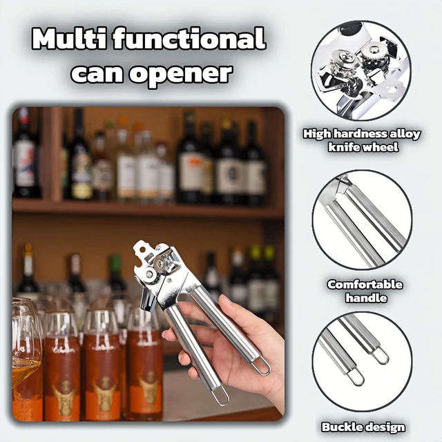 Alt view image 4 of 7 - Stainless Steel Manual Can Opener, 3-in-1 Multifunctional, High-Carbon Steel Cutting Wheel, Ergonomic Handle, 7.28 Inch, for Food Cans and Bottles