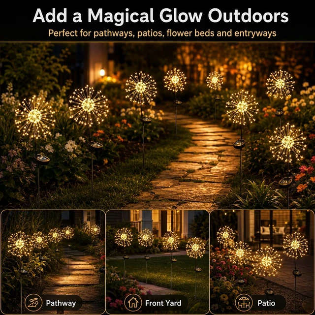 Alt view image 6 of 7 - Outdoor Solar Lights Firework, 2 Pack 120 LEDs Waterproof Solar Lights for Outside Garden Yard Pathway Fence - Warm White
