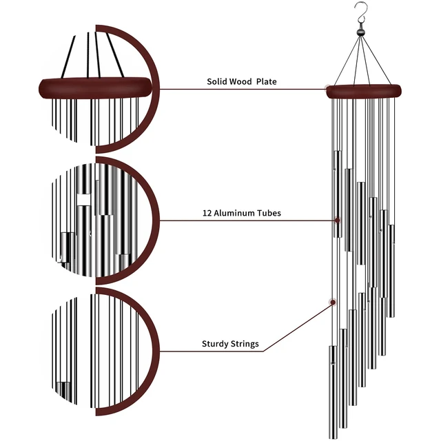 Alt view image 3 of 6 - Wind Chimes for Outside, Sympathy Wind Chimes Outdoor Clearance with 12 Aluminum Alloy Tubes and Hook, Memorial Wind Chime Gift Decoration for Home, Patio, Garden, Outdoor