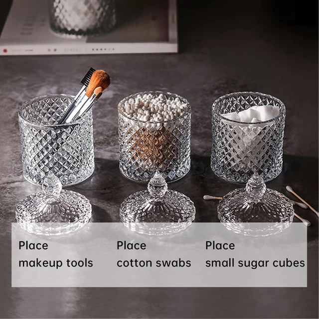 Alt view image 2 of 7 - Q tips holder,Q tip holders,Glass bathroom jar,Glass qtip holders,Q-tip,containers,crystal,cute,for with lid,small,Apothecary jars with lids,candy,dispenser,ball