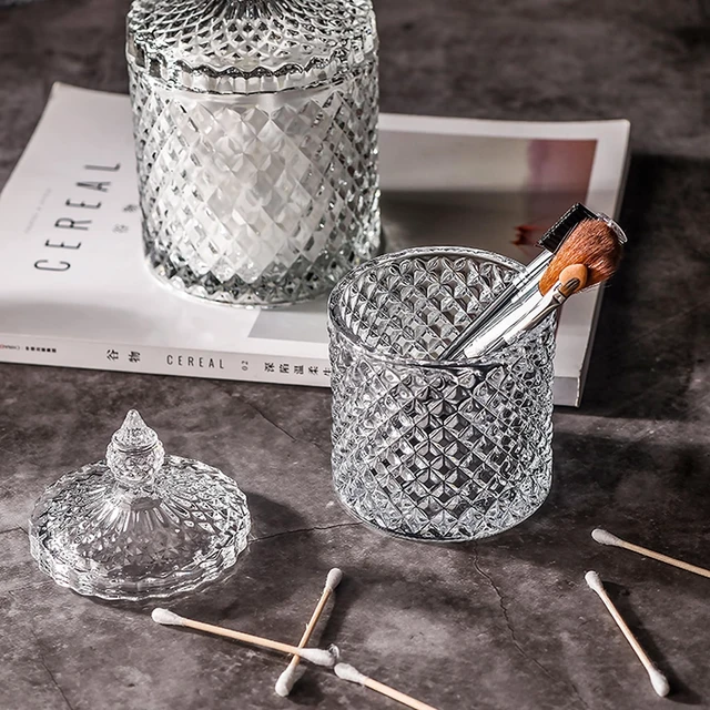 Alt view image 5 of 7 - Q tips holder,Q tip holders,Glass bathroom jar,Glass qtip holders,Q-tip,containers,crystal,cute,for with lid,small,Apothecary jars with lids,candy,dispenser,ball
