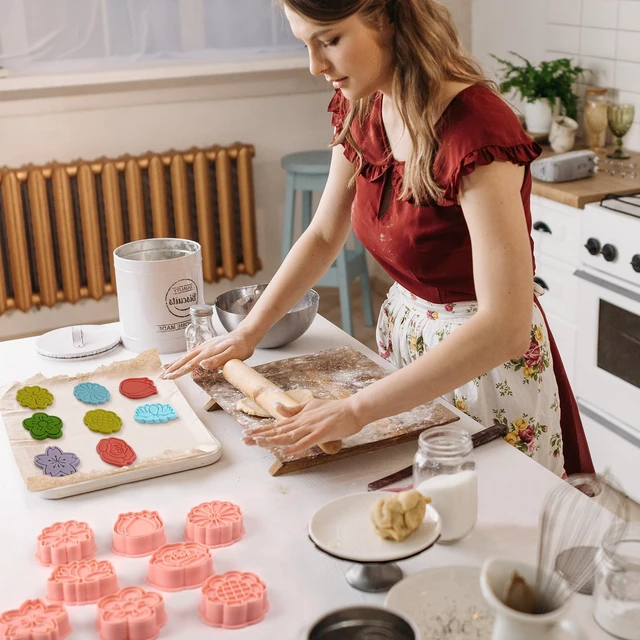 Alt view image 5 of 6 - 8 Pack Flower Cookie Cutters, 3D Cookie Cutter with Plunger Stamp | 8 Styles Spring Flowers Cookie Cutters with Cookie Stamps for Home Kitchen