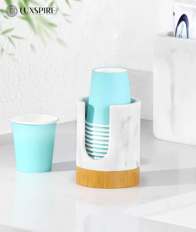 Alt view image 6 of 7 - Bathroom Cup Dispenser, 3oz Dixie Cup Dispenser, Guest Bathroom Essentials, Marble Resin Cup Dispenser, Disposable Paper Cup Holder, Cotton Pad Holder, Bathroom Accessories - Marble White