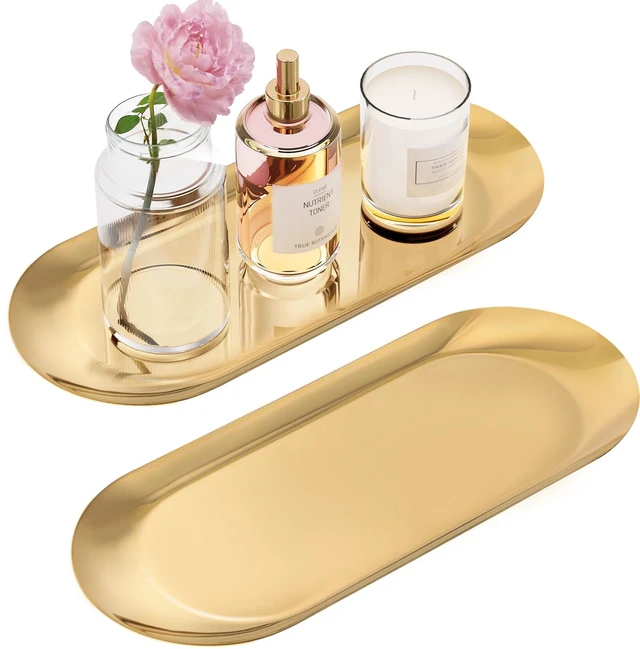 Main image of Gold Decorative Tray, 2 PCS Bathroom Vanity Tray for Dresser Counter, Elegant Jewelry Dish Tray for Decor, Gold Platter Serving Tray Organizer for Perfume Trinket Key Candle, Stainless Steel, Oval