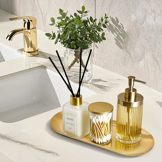Alt view image 2 of 6 - Gold Decorative Tray, 2 PCS Bathroom Vanity Tray for Dresser Counter, Elegant Jewelry Dish Tray for Decor, Gold Platter Serving Tray Organizer for Perfume Trinket Key Candle, Stainless Steel, Oval