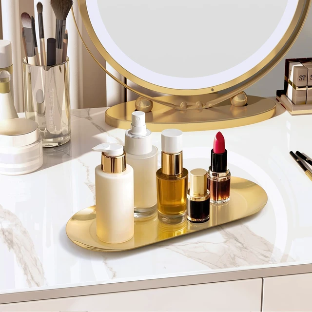 Alt view image 3 of 6 - Gold Decorative Tray, 2 PCS Bathroom Vanity Tray for Dresser Counter, Elegant Jewelry Dish Tray for Decor, Gold Platter Serving Tray Organizer for Perfume Trinket Key Candle, Stainless Steel, Oval
