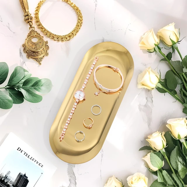 Alt view image 4 of 6 - Gold Decorative Tray, 2 PCS Bathroom Vanity Tray for Dresser Counter, Elegant Jewelry Dish Tray for Decor, Gold Platter Serving Tray Organizer for Perfume Trinket Key Candle, Stainless Steel, Oval