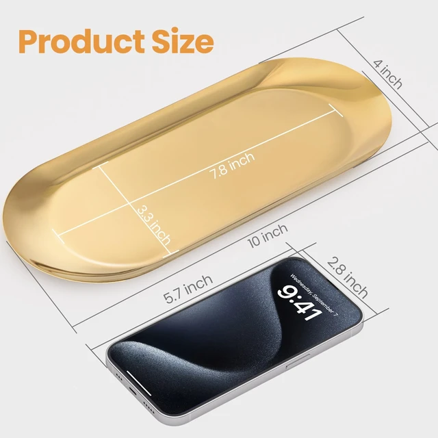 Alt view image 6 of 6 - Gold Decorative Tray, 2 PCS Bathroom Vanity Tray for Dresser Counter, Elegant Jewelry Dish Tray for Decor, Gold Platter Serving Tray Organizer for Perfume Trinket Key Candle, Stainless Steel, Oval