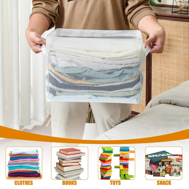 Alt view image 4 of 7 - Clear Large Storage Baskets for Shelves, Collapsible Storage Bins with Handles for Clothes, Sheets, Books | Shelf Baskets for Home and Closet Organizer (Clear, 3 Pack)