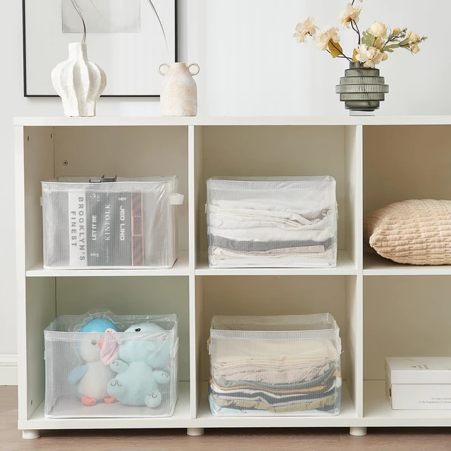 Alt view image 5 of 7 - Clear Large Storage Baskets for Shelves, Collapsible Storage Bins with Handles for Clothes, Sheets, Books | Shelf Baskets for Home and Closet Organizer (Clear, 3 Pack)