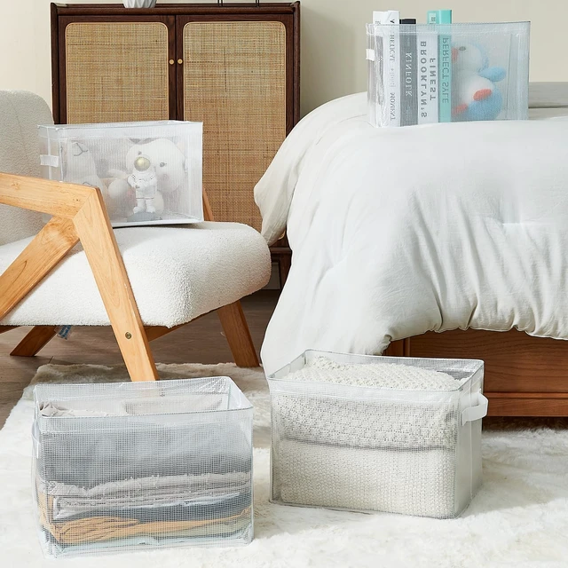 Alt view image 6 of 7 - Clear Large Storage Baskets for Shelves, Collapsible Storage Bins with Handles for Clothes, Sheets, Books | Shelf Baskets for Home and Closet Organizer (Clear, 3 Pack)