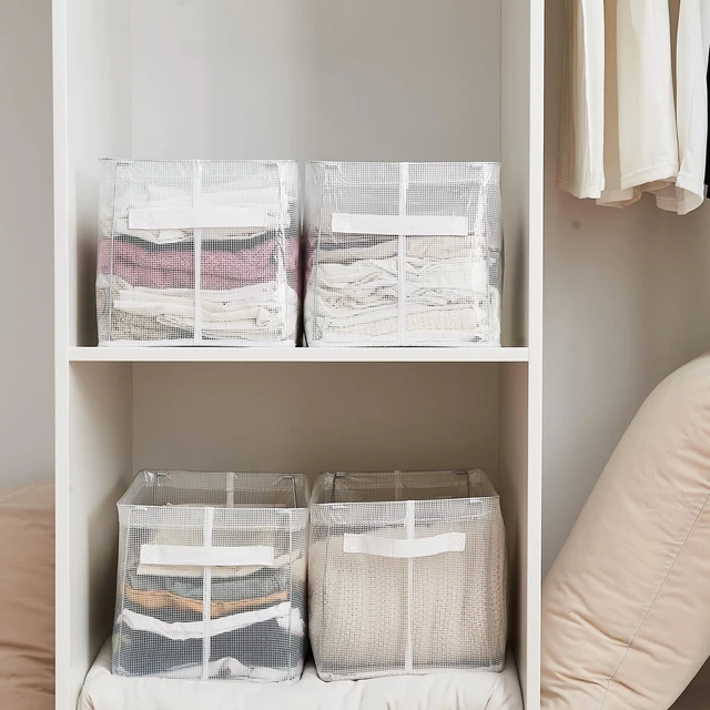 Alt view image 7 of 7 - Clear Large Storage Baskets for Shelves, Collapsible Storage Bins with Handles for Clothes, Sheets, Books | Shelf Baskets for Home and Closet Organizer (Clear, 3 Pack)