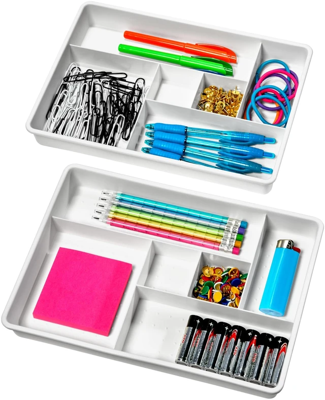 Main image of Classic 2 Piece Drawer Organizer, White | rounded corners, 12 compartments, open sections, cords tech accessories, office craft supplies, woman owned