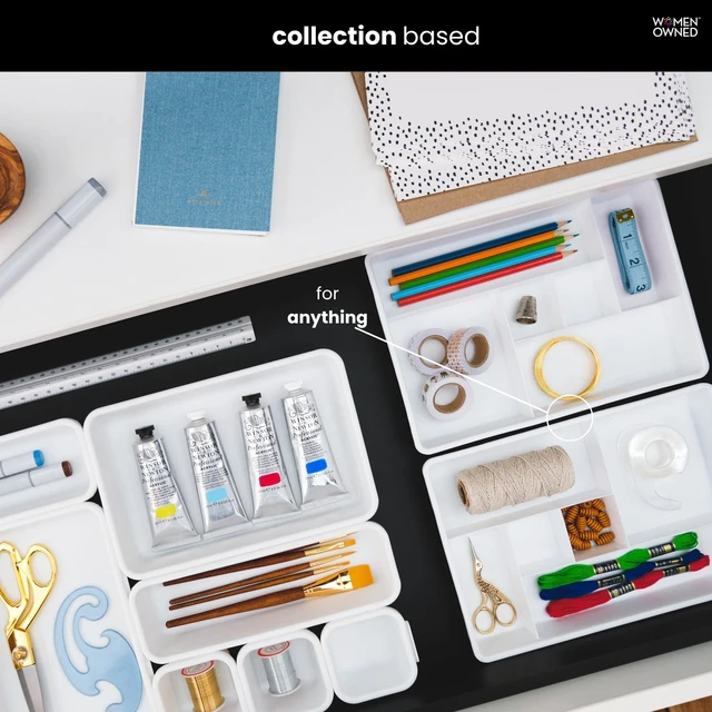 Alt view image 3 of 7 - Classic 2 Piece Drawer Organizer, White | rounded corners, 12 compartments, open sections, cords tech accessories, office craft supplies, woman owned