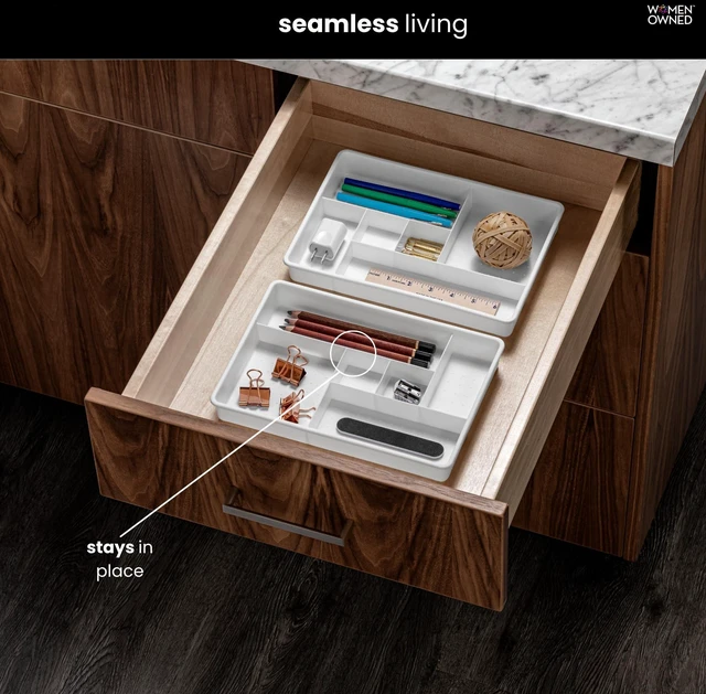 Alt view image 2 of 7 - Classic 2 Piece Drawer Organizer, White | rounded corners, 12 compartments, open sections, cords tech accessories, office craft supplies, woman owned