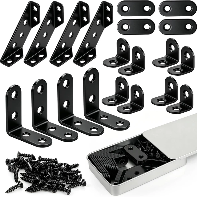 Main image of 20 Pack L Bracket Corner Brace Kit, 4 Sizes Stainless Steel Corner Bracket | 90 Degree Right Angle Bracket, Furniture Corner Connector, Black Metal L Brackets for Wood Shelves Cabinet Chair, 68 Screws