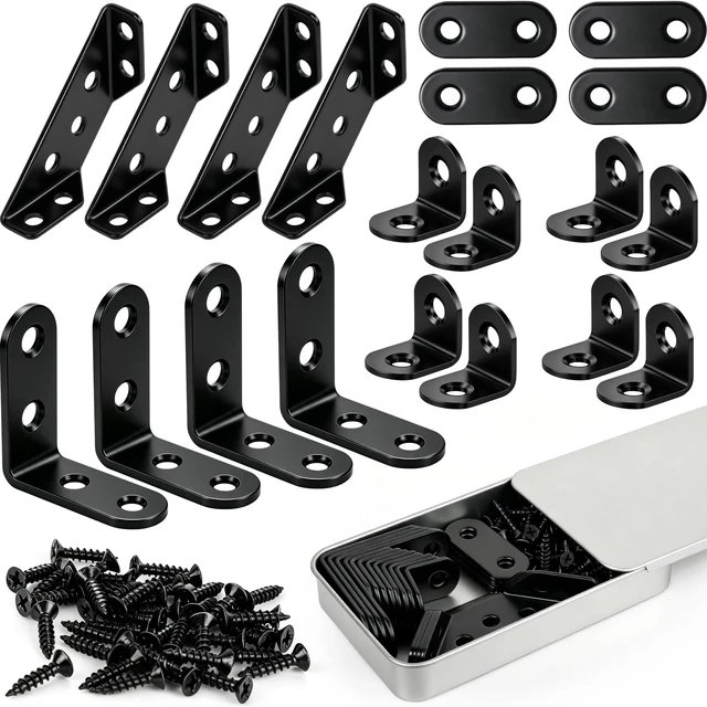 Alt view image 2 of 2 - 20 Pack L Bracket Corner Brace Kit, 4 Sizes Stainless Steel Corner Bracket | 90 Degree Right Angle Bracket, Furniture Corner Connector, Black Metal L Brackets for Wood Shelves Cabinet Chair, 68 Screws