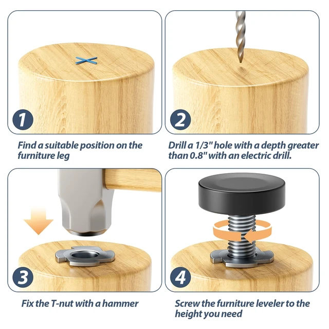 Alt view image 3 of 6 - Furniture Leveling Feet 1/4"-20 UNC with T-Nuts, 12 Pack | Adjustable Levelers, Protect Floors from Scratches, Leg Leveler Table Screw On for Tables, Chairs, Cabinets, Workbenches