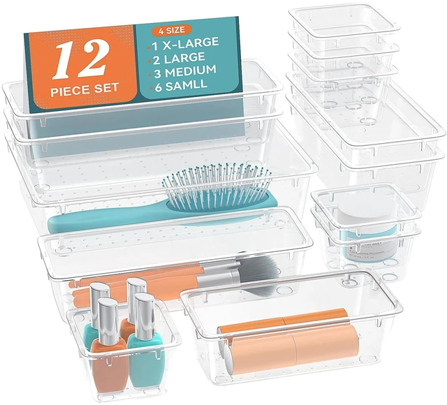 Main image of 12 PCS Drawer Organizer Set, Makeup Organizers, Tool Storage Trays, Clear | 4 Sizes, Plastic, Stackable, Desk Drawer Divider Organizers, for Bathroom Vanity, Makeup, Office Supplies Storage