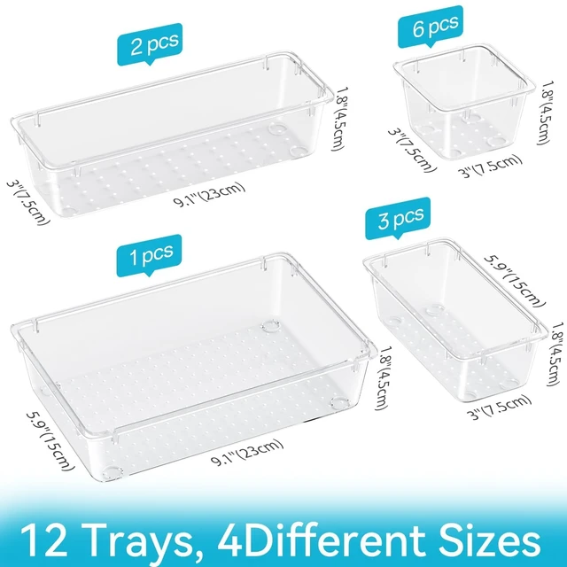 Alt view image 2 of 6 - 12 PCS Drawer Organizer Set, Makeup Organizers, Tool Storage Trays, Clear | 4 Sizes, Plastic, Stackable, Desk Drawer Divider Organizers, for Bathroom Vanity, Makeup, Office Supplies Storage