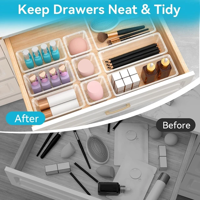 Alt view image 3 of 6 - 12 PCS Drawer Organizer Set, Makeup Organizers, Tool Storage Trays, Clear | 4 Sizes, Plastic, Stackable, Desk Drawer Divider Organizers, for Bathroom Vanity, Makeup, Office Supplies Storage